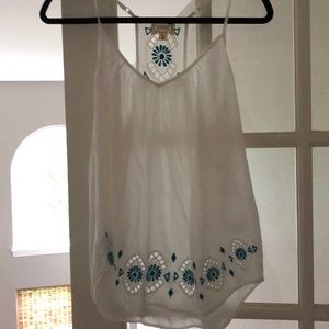 White tank with turquoise embroidery